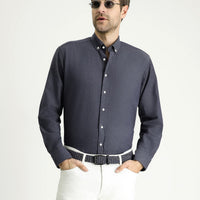 Dark Anthracite Long Sleeve Regular Fit Patterned Sporty Cotton Button-Down Shirt