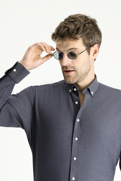 Dark Anthracite Long Sleeve Regular Fit Patterned Sporty Cotton Button-Down Shirt