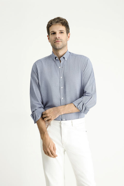 Medium Navy Long Sleeve Regular Fit Patterned Sporty Cotton Button-Down Collar Shirt