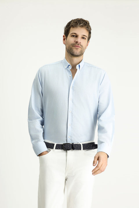 Light Blue Long Sleeve Regular Fit Patterned Sporty Cotton Button-Down Collar Shirt