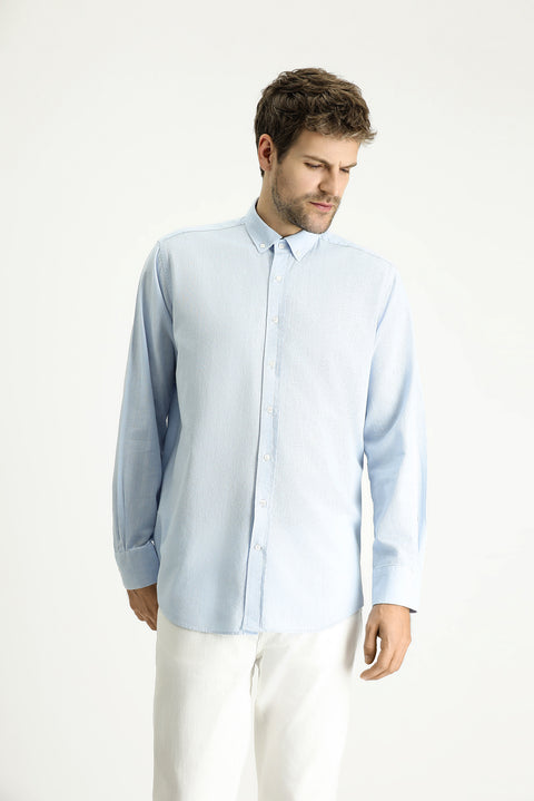 Light Blue Long Sleeve Regular Fit Patterned Sporty Cotton Button-Down Collar Shirt