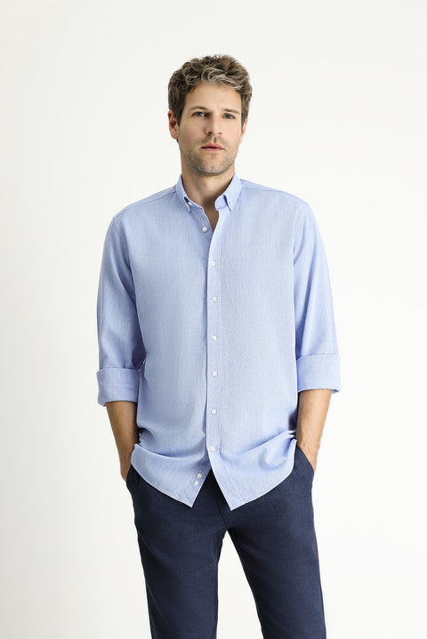 Blue Long Sleeve Regular Fit Patterned Sporty Cotton Button-Down Shirt