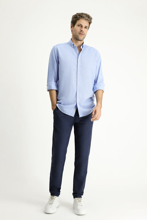 Blue Long Sleeve Regular Fit Patterned Sporty Cotton Button-Down Shirt