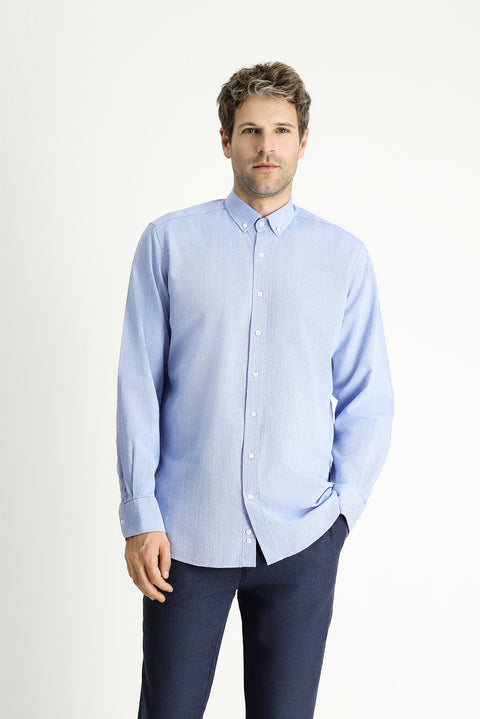Blue Long Sleeve Regular Fit Patterned Sporty Cotton Button-Down Shirt