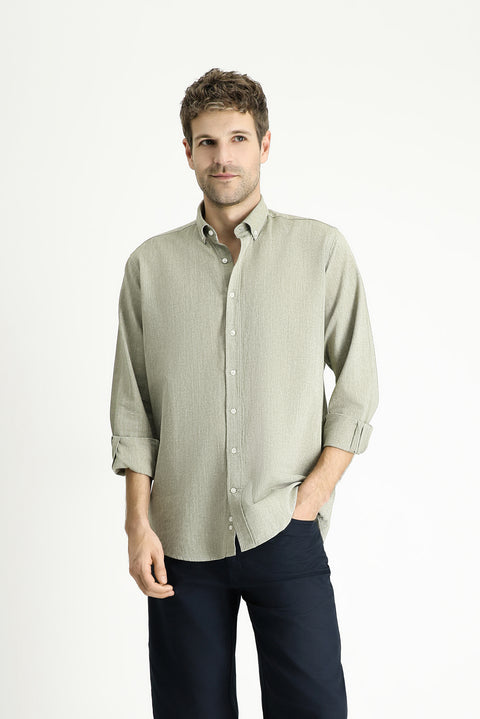 Pistachio Green Long Sleeve Regular Fit Patterned Sporty Cotton Button-Down Collar Shirt