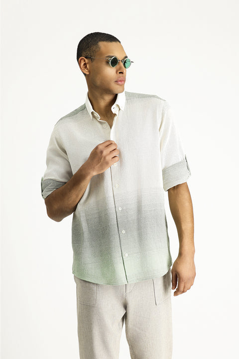 Light Khaki Long Sleeve Regular Fit Patterned Cotton Button-Down Collar Shirt