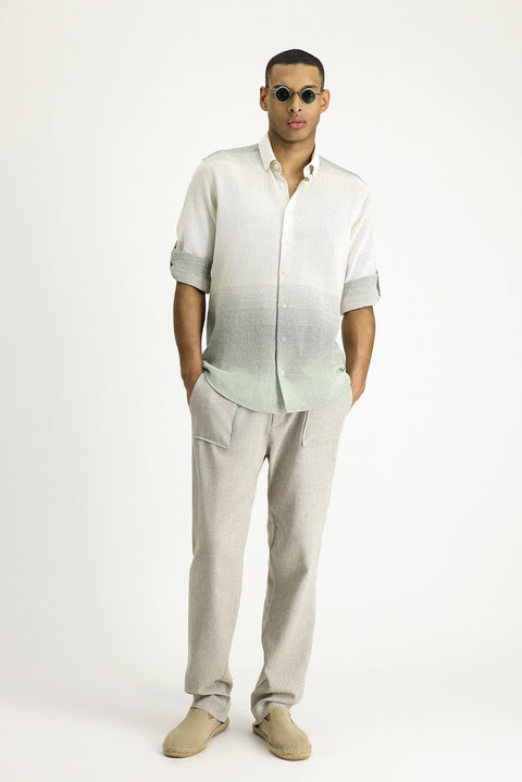 Light Khaki Long Sleeve Regular Fit Patterned Cotton Button-Down Collar Shirt
