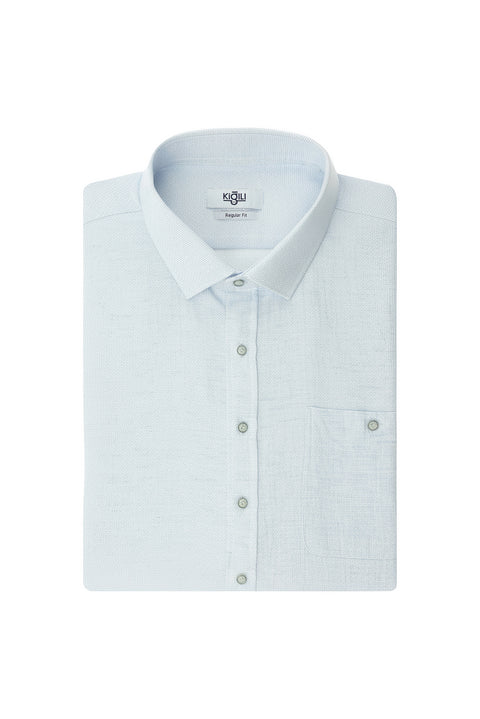 Light Blue Plus Size Long Sleeve Patterned Pocket Cotton Linen Look Shantuk Shirt