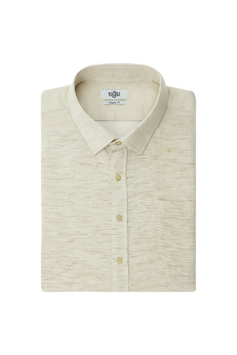 Dark Beige Plus Size Long Sleeve Patterned Pocket Cotton Linen Look Shantuk Shirt