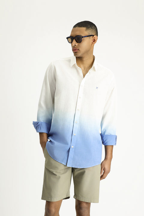 Blue Long Sleeve Regular Fit Sporty Patterned Button-Down Collar Linen-Look Cotton Shirt