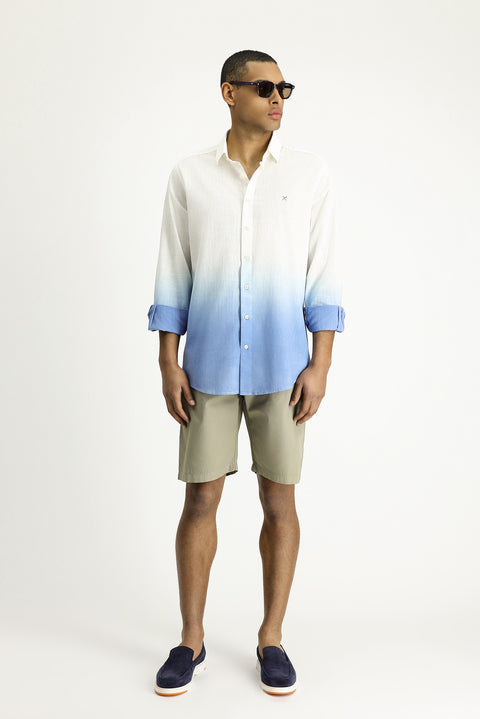 Blue Long Sleeve Regular Fit Sporty Patterned Button-Down Collar Linen-Look Cotton Shirt