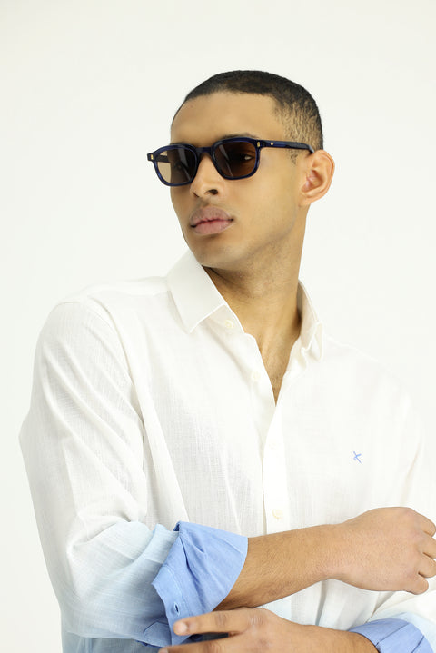 Blue Long Sleeve Regular Fit Sporty Patterned Button-Down Collar Linen-Look Cotton Shirt