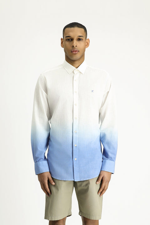 Blue Long Sleeve Regular Fit Sporty Patterned Button-Down Collar Linen-Look Cotton Shirt
