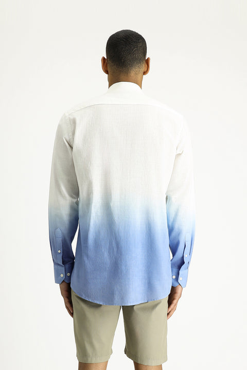 Blue Long Sleeve Regular Fit Sporty Patterned Button-Down Collar Linen-Look Cotton Shirt