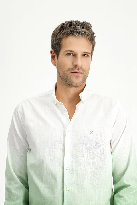 Light Green Long Sleeve Regular Fit Sporty Patterned Button-Down Collar Linen-Look Cotton Shirt