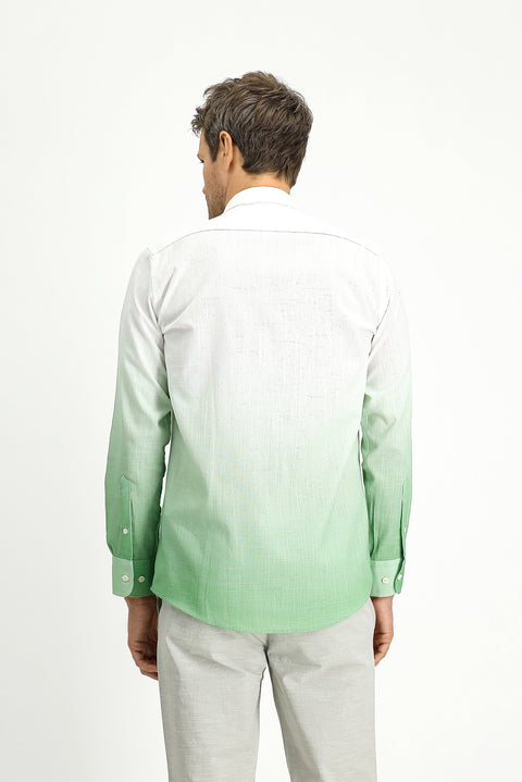 Light Green Long Sleeve Regular Fit Sporty Patterned Button-Down Collar Linen-Look Cotton Shirt