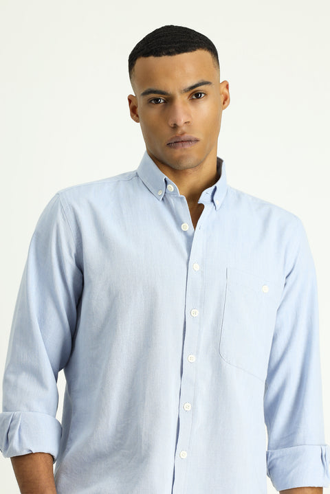 Light Blue Long Sleeve Regular Fit Oxford Cotton Button-Down Shirt