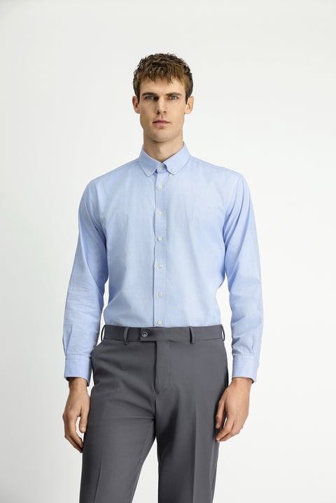 Light Blue Long Sleeve Regular Fit Button-Down Collar Oxford Cotton Shirt
