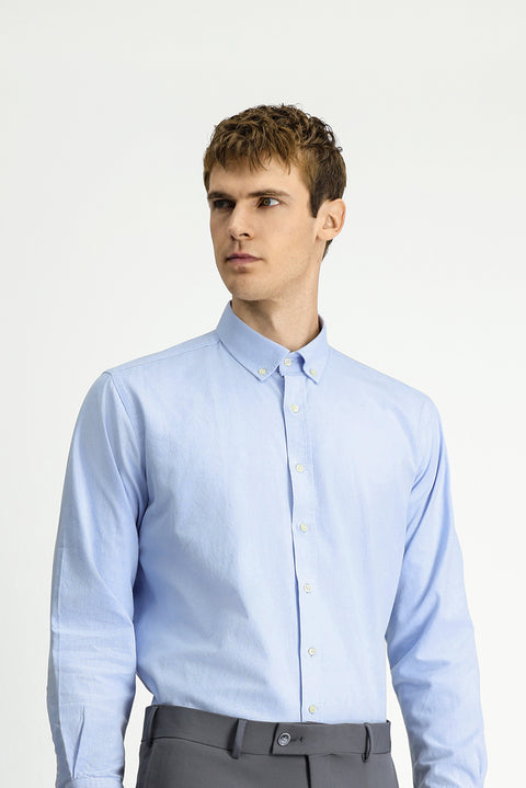 Light Blue Long Sleeve Regular Fit Button-Down Collar Oxford Cotton Shirt