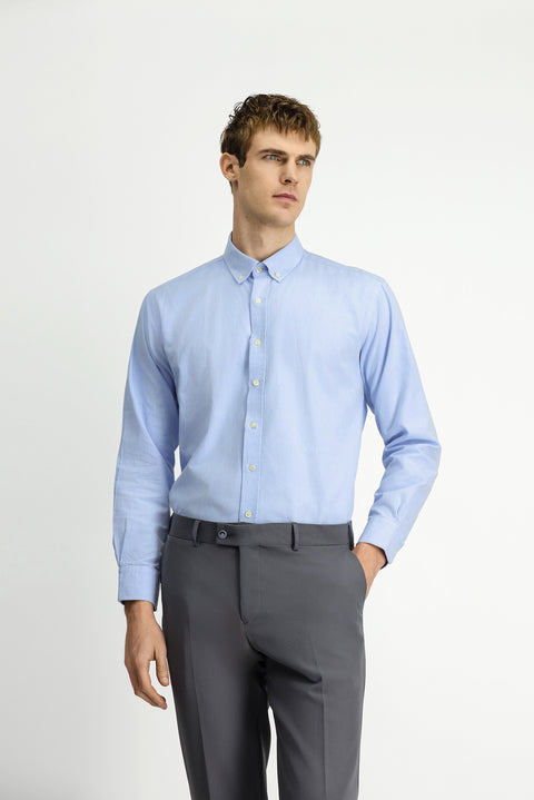 Light Blue Long Sleeve Regular Fit Button-Down Collar Oxford Cotton Shirt