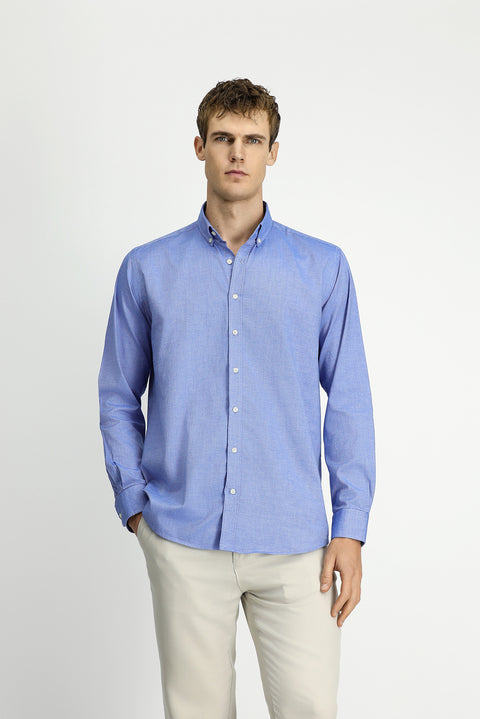 Dark Blue Long Sleeve Regular Fit Button-Down Collar Oxford Cotton Shirt