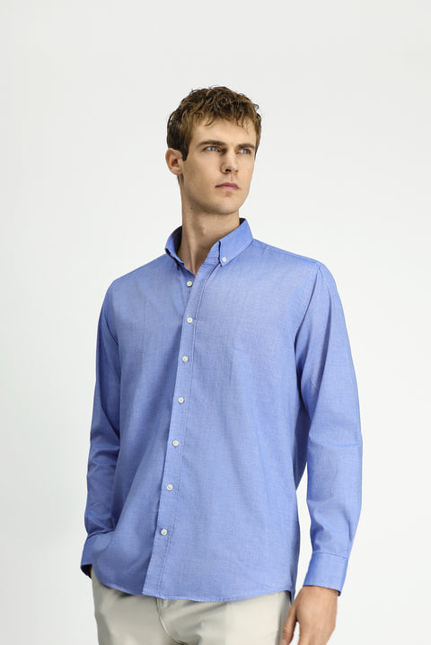 Dark Blue Long Sleeve Regular Fit Button-Down Collar Oxford Cotton Shirt