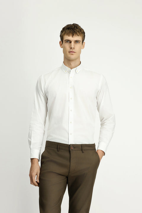 White Long Sleeve Regular Fit Button-Down Collar Oxford Cotton Shirt