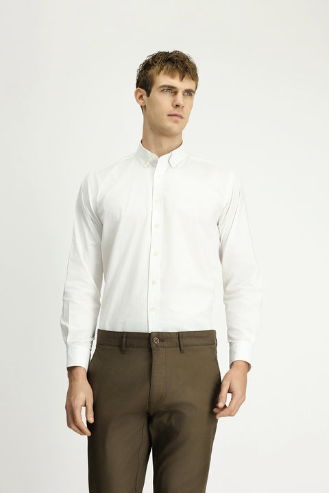 White Long Sleeve Regular Fit Button-Down Collar Oxford Cotton Shirt