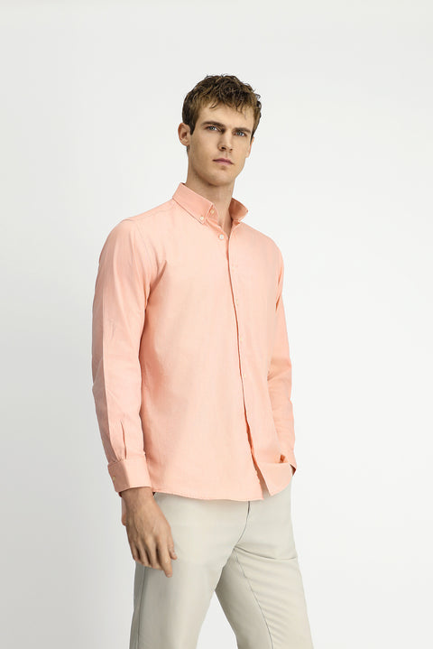 Medium Orange Long Sleeve Regular Fit Button-Down Collar Oxford Cotton Shirt