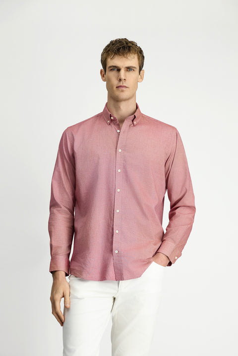 Coral Red Long Sleeve Regular Fit Button-Down Collar Oxford Cotton Shirt