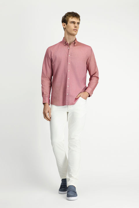 Coral Red Long Sleeve Regular Fit Button-Down Collar Oxford Cotton Shirt