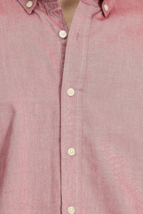 Coral Red Long Sleeve Regular Fit Button-Down Collar Oxford Cotton Shirt