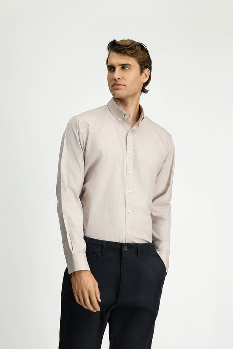 Light Mink Long Sleeve Regular Fit Button-Down Collar Oxford Cotton Shirt