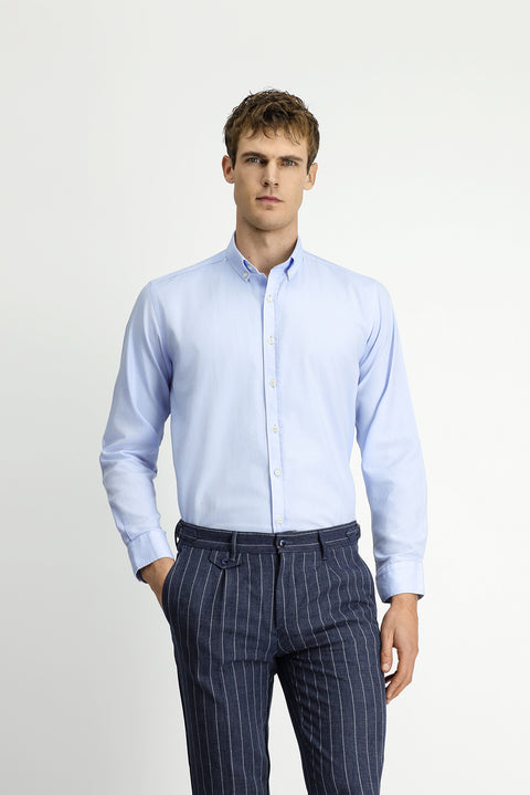 Sky Blue Long Sleeve Regular Fit Button-Down Collar Cotton Oxford Shirt