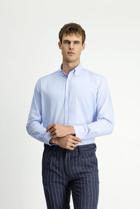 Sky Blue Long Sleeve Regular Fit Button-Down Collar Cotton Oxford Shirt