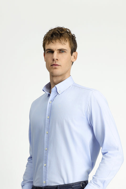 Sky Blue Long Sleeve Regular Fit Button-Down Collar Cotton Oxford Shirt