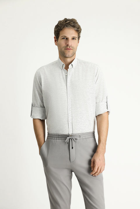 Light Navy Blue Long Sleeve Regular Fit Patterned Sporty Cotton Button-Down Collar Shirt