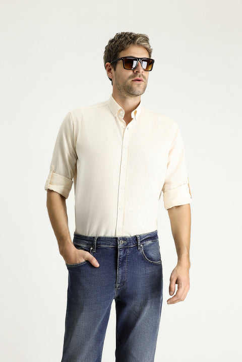 Yellow Long Sleeve Regular Fit Patterned Sporty Cotton Button-Down Collar Shirt