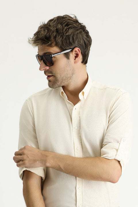 Yellow Long Sleeve Regular Fit Patterned Sporty Cotton Button-Down Collar Shirt