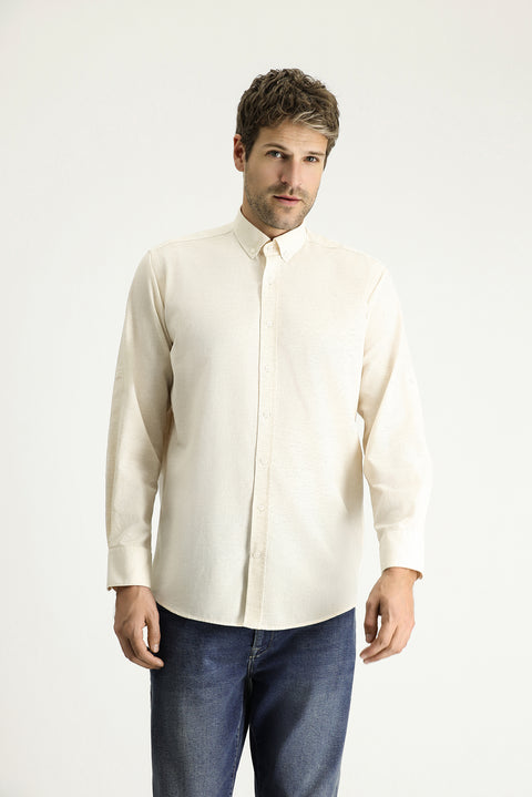 Yellow Long Sleeve Regular Fit Patterned Sporty Cotton Button-Down Collar Shirt