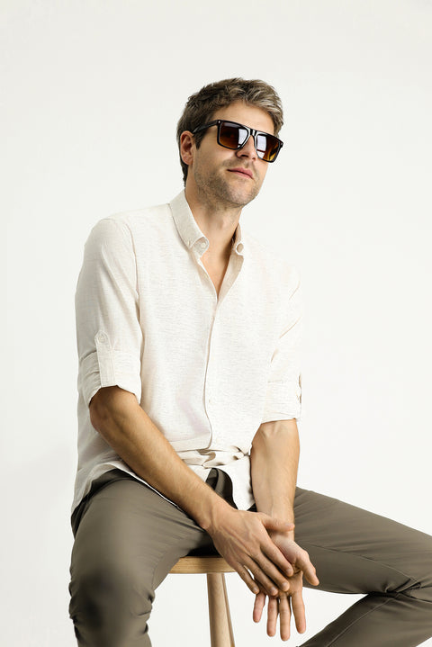 Light Mink Long Sleeve Regular Fit Patterned Sporty Cotton Button-Down Collar Shirt