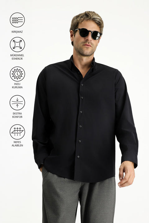 Black Techno-Line Long Sleeve Regular Fit Lycra Button-Down Shirt