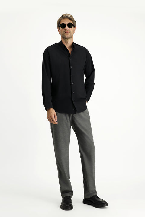 Black Techno-Line Long Sleeve Regular Fit Lycra Button-Down Shirt