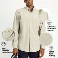 Light Beige Techno-Line Long Sleeve Regular Fit Lycra Button-Down Shirt