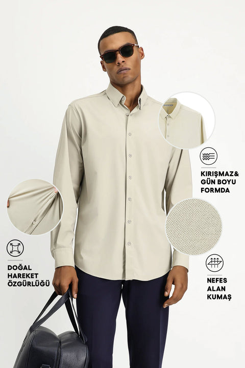 Light Beige Techno-Line Long Sleeve Regular Fit Lycra Button-Down Shirt