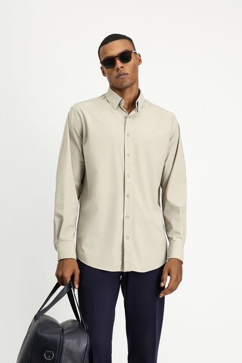 Light Beige Techno-Line Long Sleeve Regular Fit Lycra Button-Down Shirt