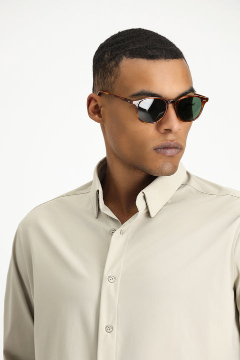Light Beige Techno-Line Long Sleeve Regular Fit Lycra Button-Down Shirt