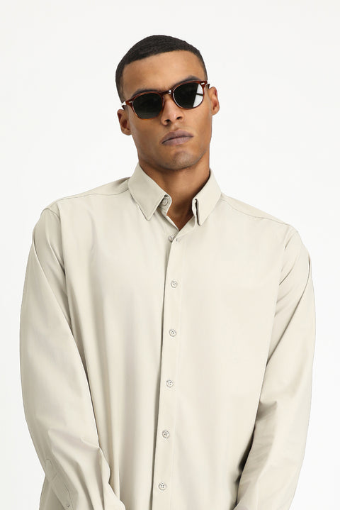 Light Beige Techno-Line Long Sleeve Regular Fit Lycra Button-Down Shirt