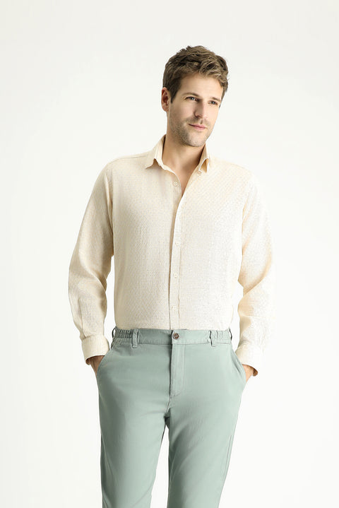 Light Beige Long Sleeve Regular Fit Patterned Linen Blend Sport Cotton Shirt