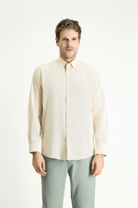 Light Beige Long Sleeve Regular Fit Patterned Linen Blend Sport Cotton Shirt